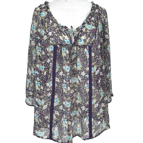 Decree Tops - Decree Sheer Floral Boho Peasant Blouse Purple Blue Top Romantic Fairy Size L